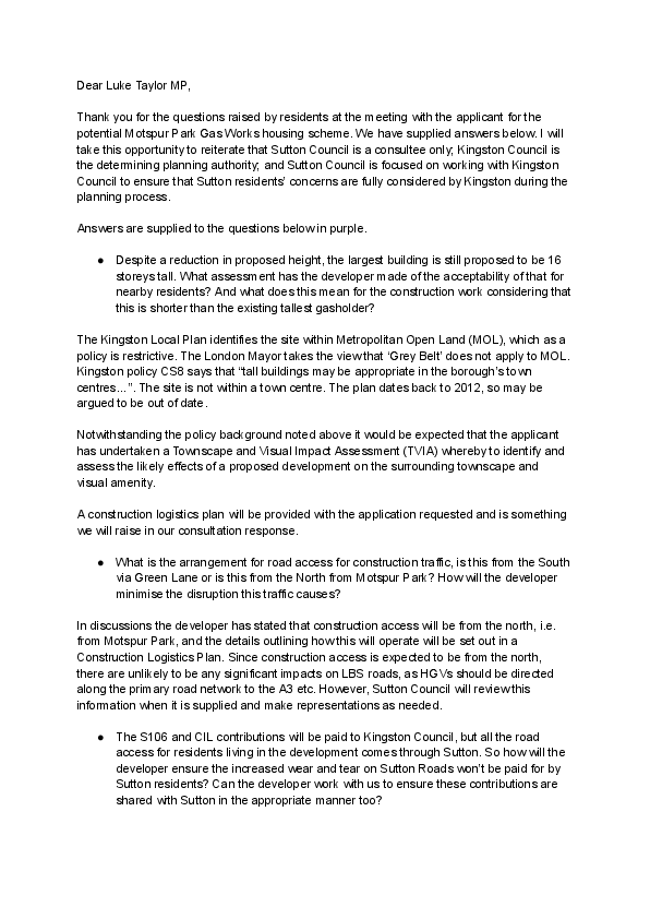 Sutton Council Planning response to Luke Taylor MP
